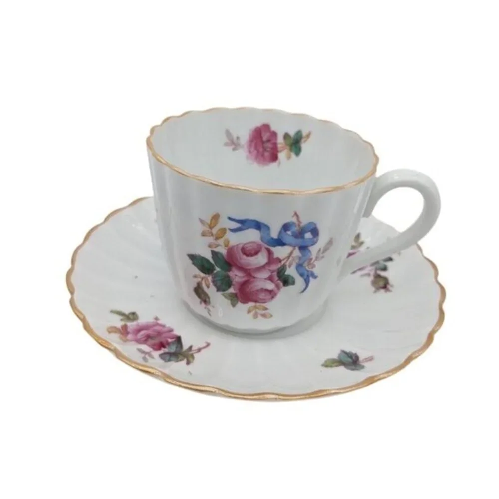 Vintage Spode Copeland's‎ Y5775 Flat Cup & Saucer Set floral ribbon  2 1/2 in